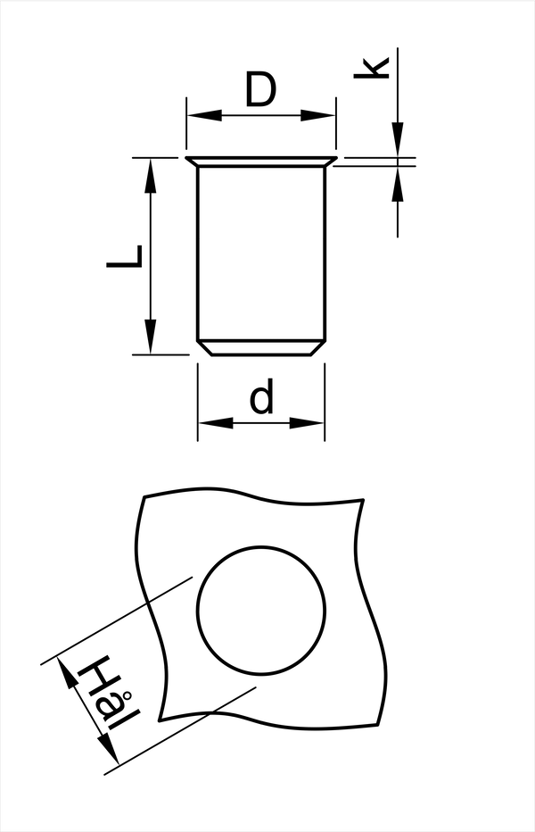 BLINDNITMUTTER LÅGPROFIL SLUTEN Ritning